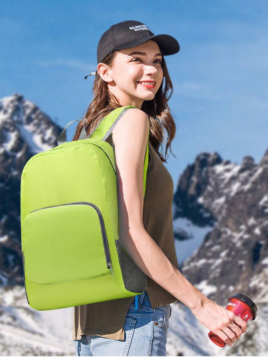 極簡經典背包中號拉鍊可折疊綠色書包適合畢業生、青少年女孩、新生、大二、初中和高中學生、大學和高中，非常適合戶外、遠足、登山、旅行、運動和返校 - 綠色 - 查看 1