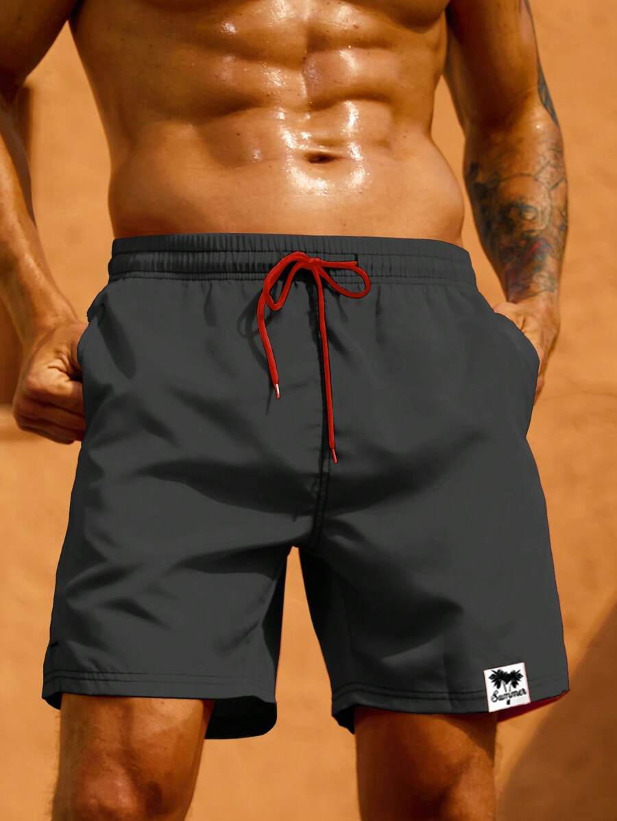 Surfspeed Hombres Shorts de natación con parche de letra de cintura con cordón - Gris Oscuro - Ver 1