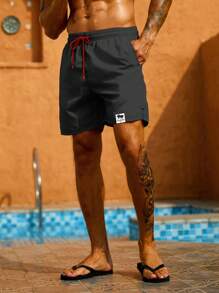 Surfspeed Hombres Shorts de natación con parche de letra de cintura con cordón - Gris Oscuro - Ver 3