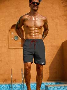 Surfspeed Hombres Shorts de natación con parche de letra de cintura con cordón - Gris Oscuro - Ver 5