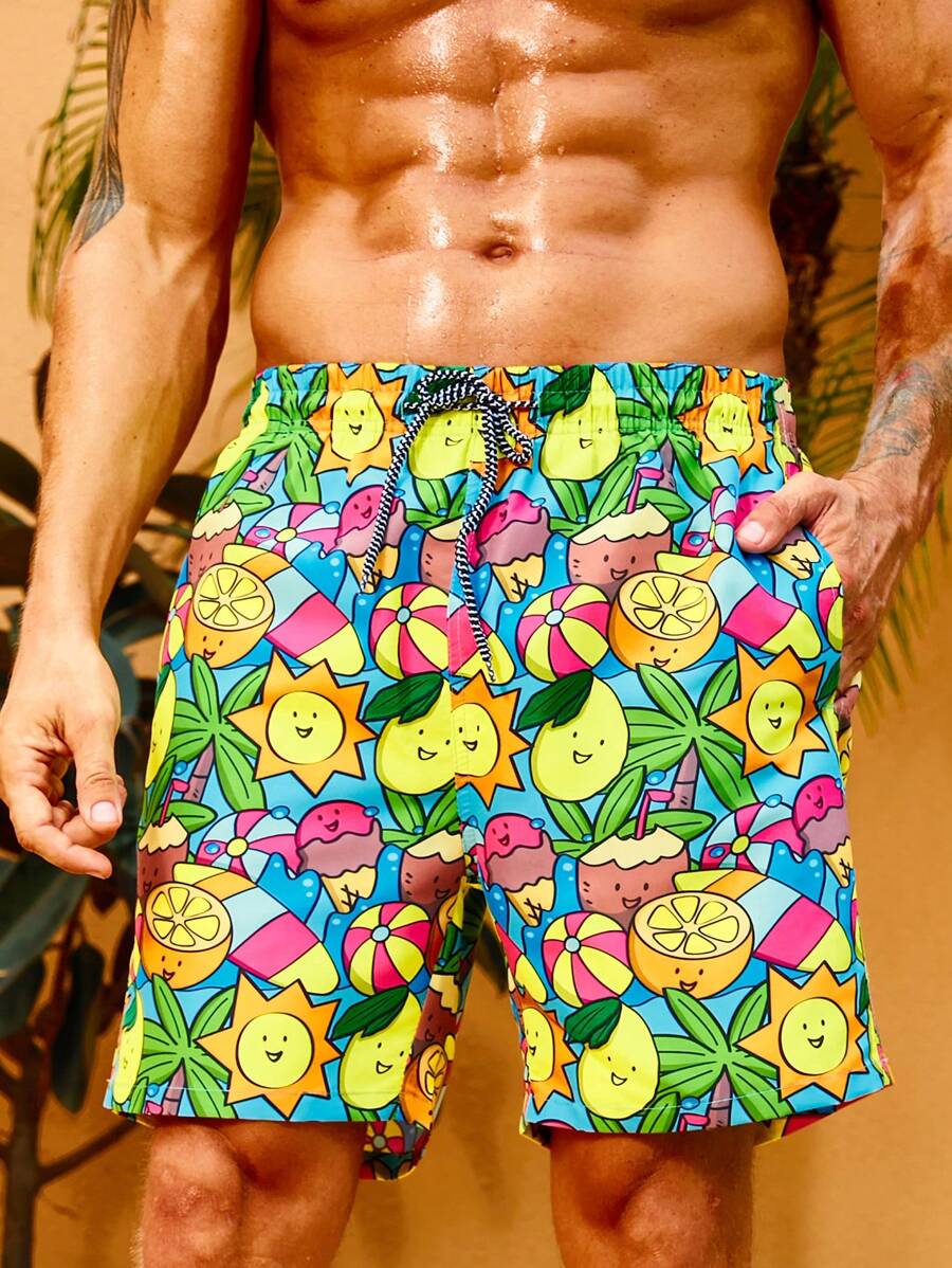 Manfinity Swimmode Hombres Shorts de natación con estampado de fruta de cintura con cordón - Multicolor - Ver 1