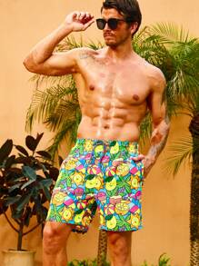 Manfinity Swimmode Hombres Shorts de natación con estampado de fruta de cintura con cordón - Multicolor - Ver 3