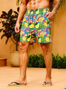 Manfinity Swimmode Hombres Shorts de natación con estampado de fruta de cintura con cordón - Multicolor - Ver 4