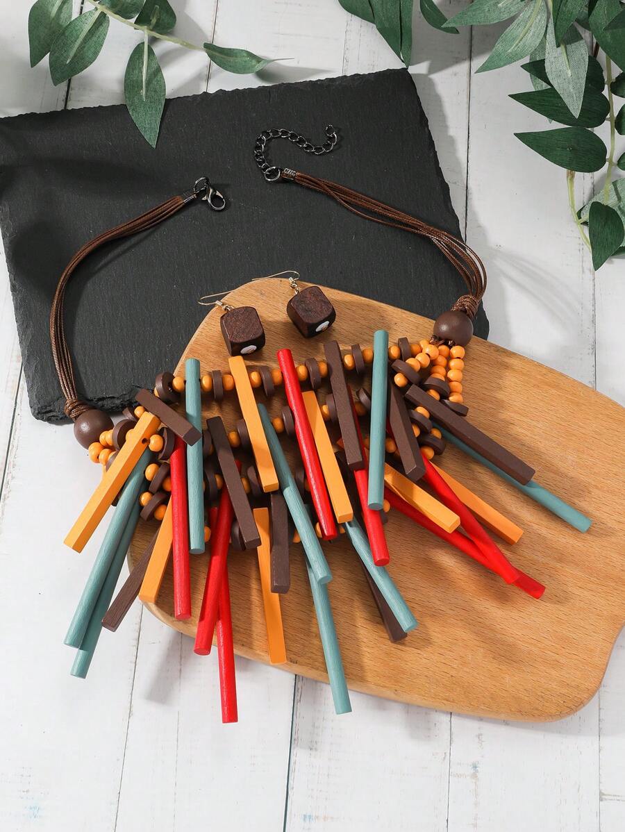 3 cái/bộ Bộ vòng cổ và bông tai bằng gỗ nhiều màu theo phong cách Bohemian Vintage cho nữ - Nhiều màu - Xem 1