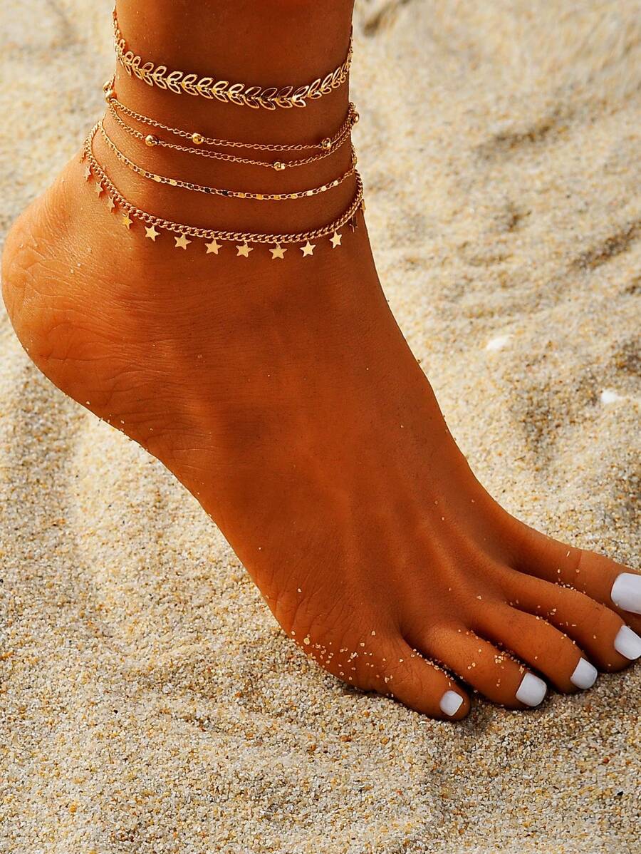 4 Cái/bộ Vòng Chân Theo Chủ Đề Ngôi Sao Đơn Giản & Đa Năng Thích Hợp Cho Phụ Nữ Và Bé Gái Làm Quà Cho Kỳ Nghỉ/Phụ Kiện Du Lịch - Vàng - Xem 1