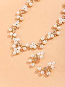 豪華合金人造珍珠合成樹脂假珍珠項鍊耳環套裝1件 - 金黃色 - 查看 2