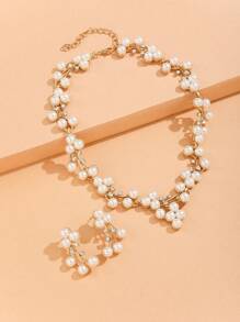 豪華合金人造珍珠合成樹脂假珍珠項鍊耳環套裝1件 - 金黃色 - 查看 3