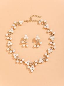 豪華合金人造珍珠合成樹脂假珍珠項鍊耳環套裝1件 - 金黃色 - 查看 5