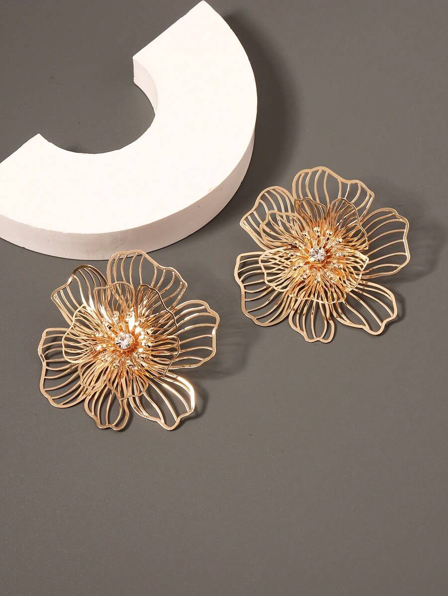 1 Đôi Thanh Lịch Kim Loại & Kim Cương Giả Trang Trí Rỗng Ra Thiết Kế Hoa Thời Trang Nữ Bông Tai - Vàng - Xem 1