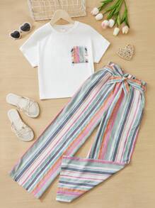 SHEIN Girls Striped Print Pocket Patched Tee & Belted Trousers - Multicolor - View 1