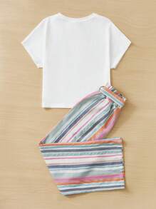 SHEIN Girls Striped Print Pocket Patched Tee & Belted Trousers - Multicolor - View 2