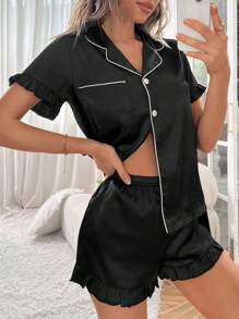 Contrast Piping Ruffle Trim Satin PJ Set / Pajama Set - Black - View 4