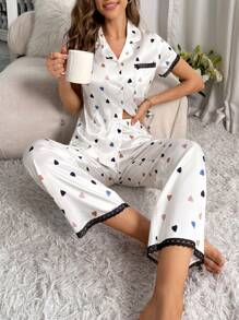 SHEIN Conjunto de pijama con estampado de corazón con encaje en contraste de satén - Blanco - Ver 1
