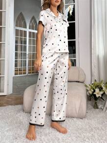 SHEIN Conjunto de pijama con estampado de corazón con encaje en contraste de satén - Blanco - Ver 3
