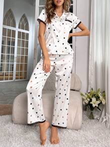 SHEIN Conjunto de pijama con estampado de corazón con encaje en contraste de satén - Blanco - Ver 4