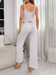 素色吊帶上衣和闊腿褲休閒服套裝 - 米色 - 查看 2
