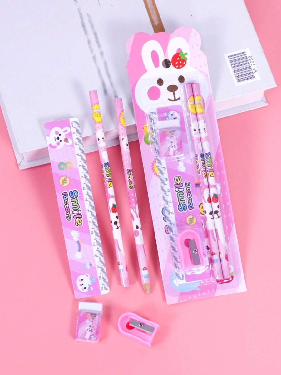 1盒卡通兔子圖案文具盒可愛多用途鉛筆尺橡皮卷筆刀套裝適用於學生