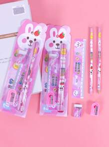 1盒卡通兔子圖案文具盒可愛多用途鉛筆尺橡皮卷筆刀套裝適用於學生