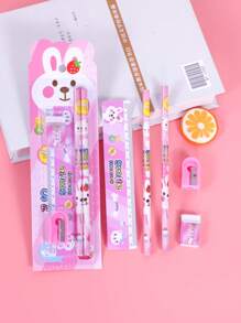 1盒卡通兔子圖案文具盒可愛多用途鉛筆尺橡皮卷筆刀套裝適用於學生