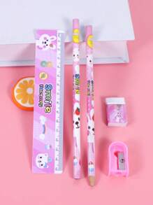 1盒卡通兔子圖案文具盒可愛多用途鉛筆尺橡皮卷筆刀套裝適用於學生