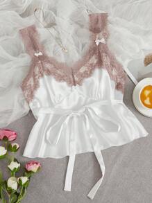 SHEIN Contrast Lace Ruffle Hem Belted Satin Sleep Top - White - View 1