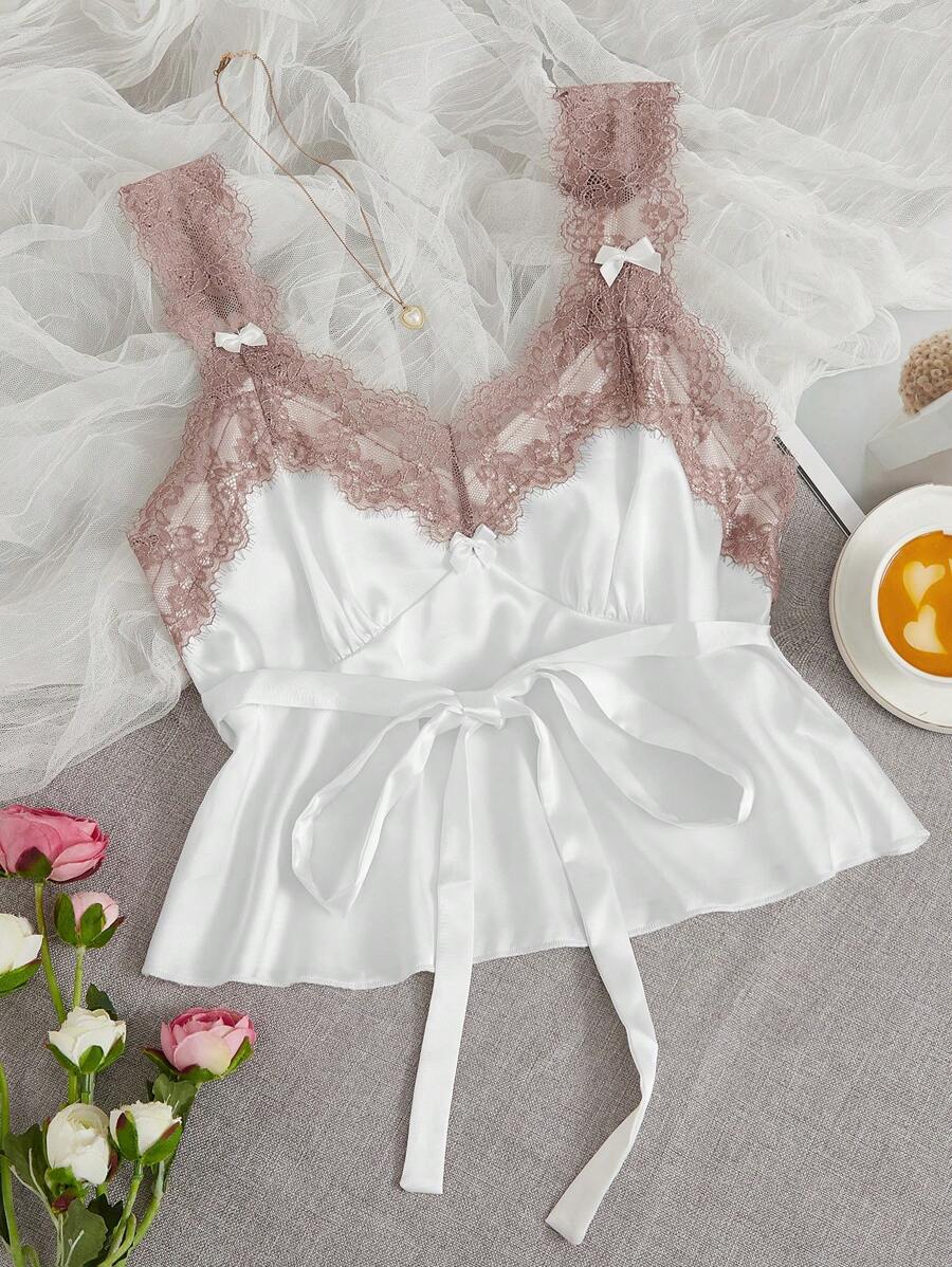 SHEIN Contrast Lace Ruffle Hem Belted Satin Sleep Top - White - View 1