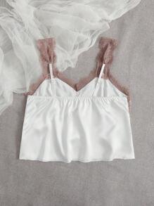 SHEIN Contrast Lace Ruffle Hem Belted Satin Sleep Top - White - View 2