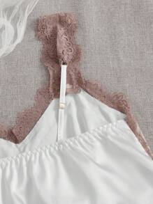 SHEIN Contrast Lace Ruffle Hem Belted Satin Sleep Top - White - View 4