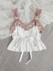 SHEIN Contrast Lace Ruffle Hem Belted Satin Sleep Top - White - View 5