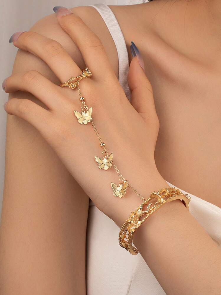 1pc Classic Chinese Style Butterfly, Rose & Vine Shaped Bells Finger Chain Mitten Bracelet - Yellow Gold - View 1