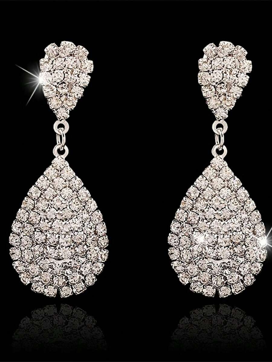1pair Claw Chain & Water Drop Rhinestone Drop Earrings For Women's Cocktail Party & Date Accessory - Silver - View 1