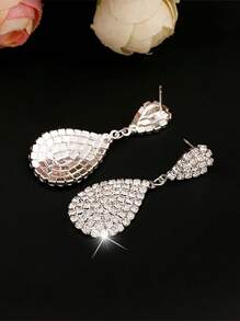 1pair Claw Chain & Water Drop Rhinestone Drop Earrings For Women's Cocktail Party & Date Accessory - Silver - View 4