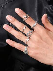 6入組/套男士蛇和老鷹裝飾戒指,適用於首飾類禮品和派對 - 銀色 - 查看 1