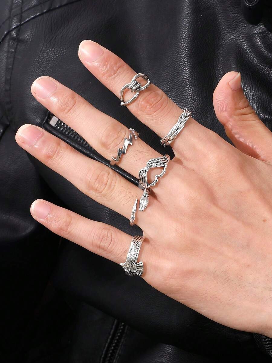 6入組/套男士蛇和老鷹裝飾戒指,適用於首飾類禮品和派對 - 銀色 - 查看 1