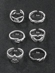 6入組/套男士蛇和老鷹裝飾戒指,適用於首飾類禮品和派對 - 銀色 - 查看 4