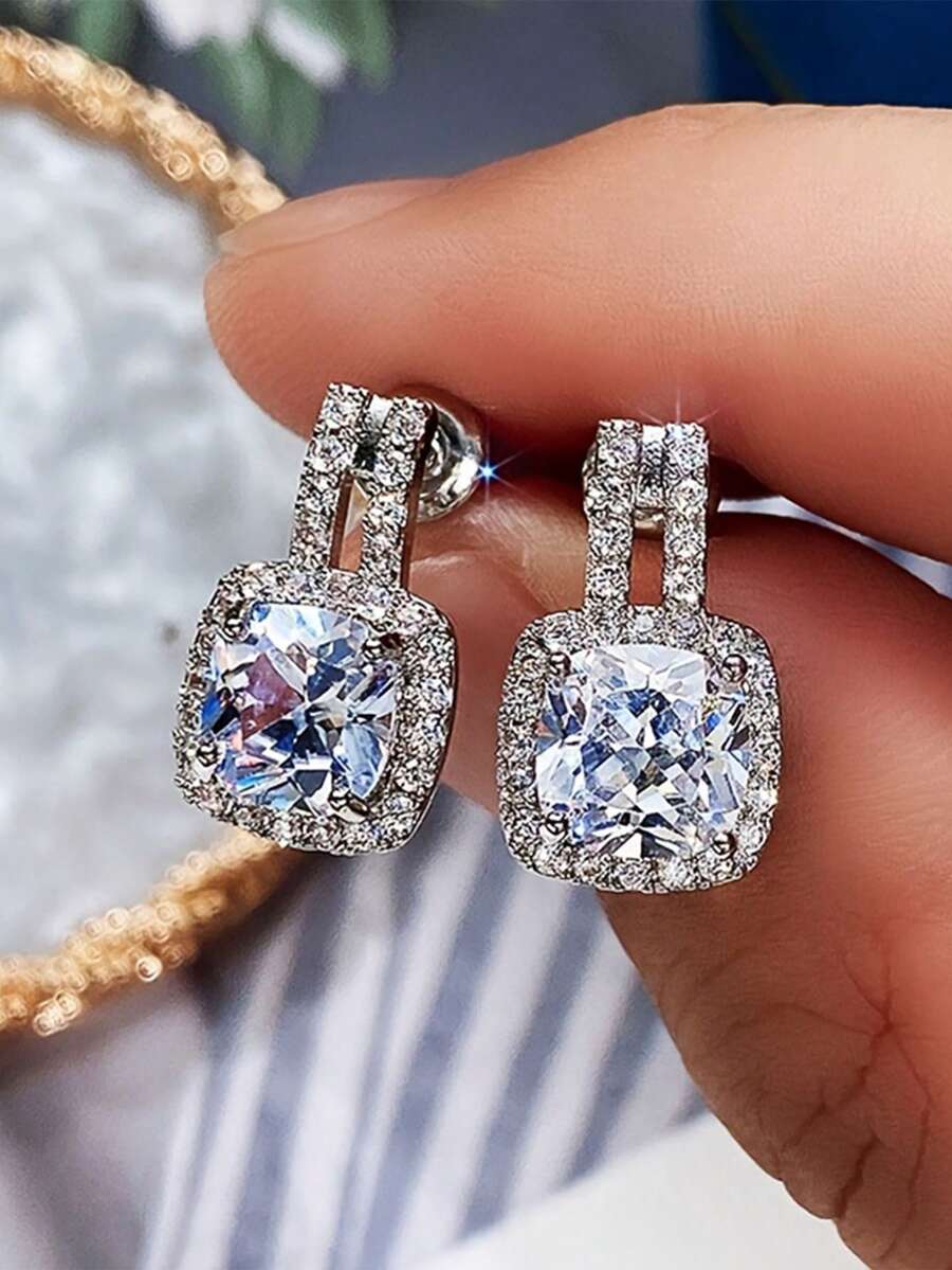 1雙閃閃發光鑽石和方晶鋯石耳釘適用於理想適用於日期禮品 - 銀色 - 查看 1