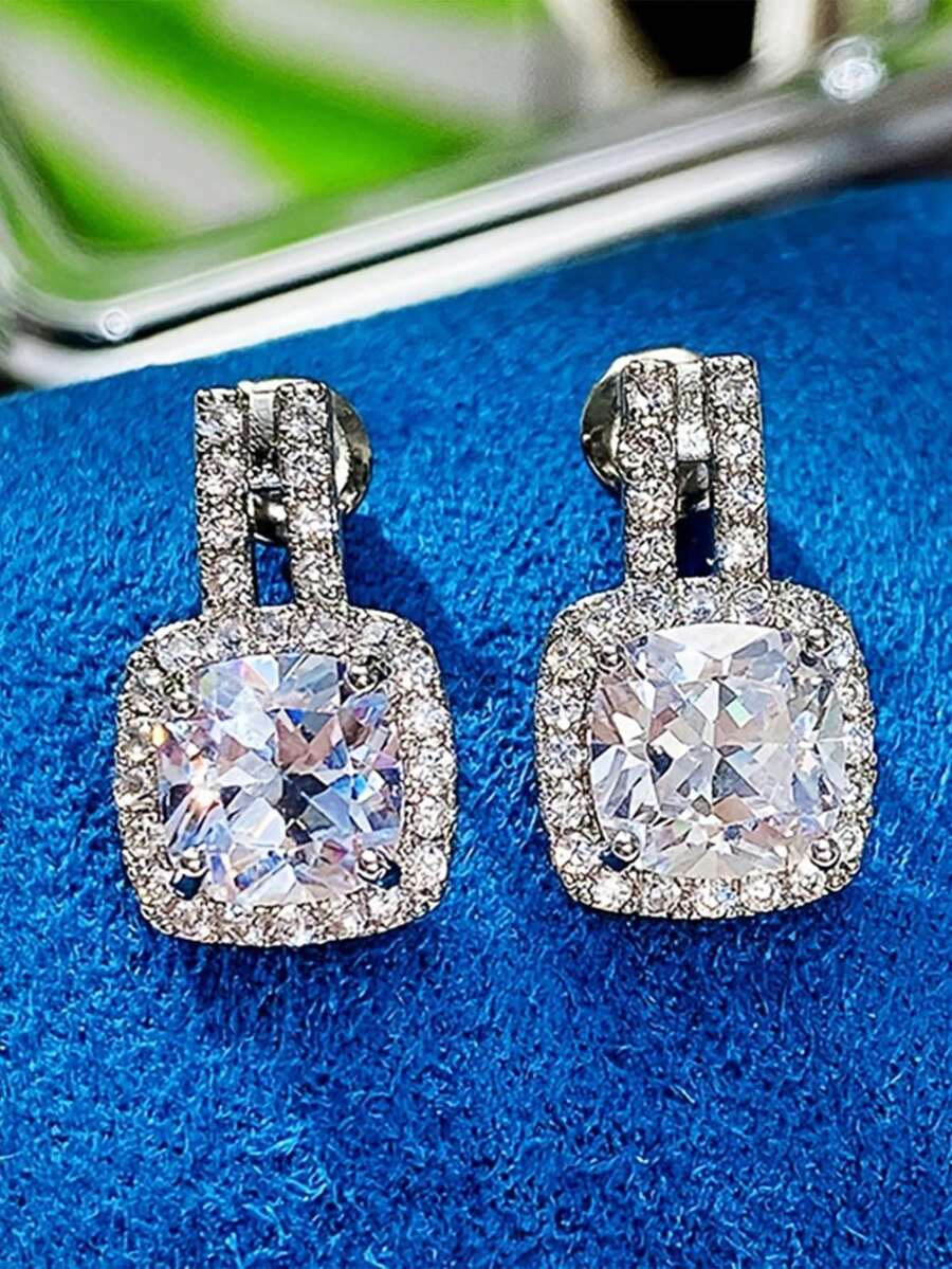 1pair Sparkling Diamond & Cubic Zirconia Stud Earrings For Women, Ideal