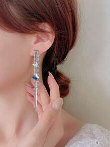 Rhinestone & Tassel Drop Earrings - Silver - View 1