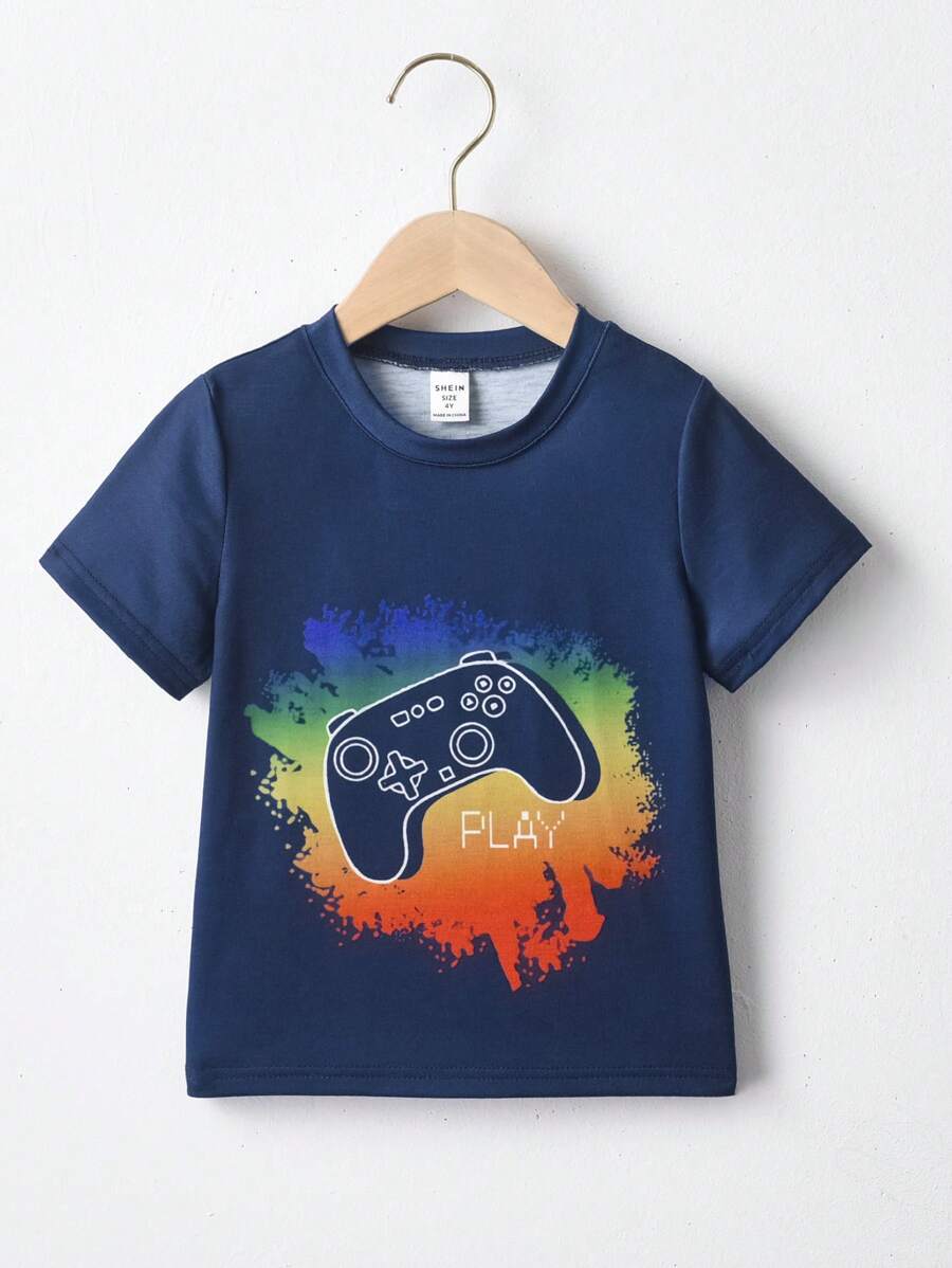 SHEIN 年輕男孩搖桿印花t恤 - 藏蓝色 - 查看 1