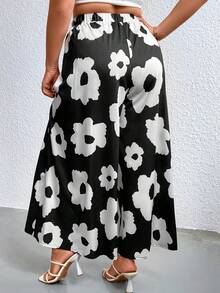 SHEIN LUNE 大碼印花彈性腰帶闊腿褲 - 黑與白 - 查看 2