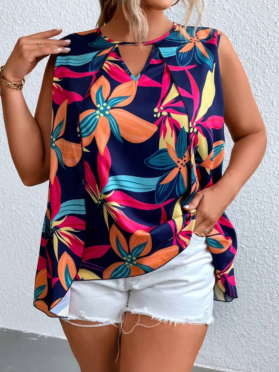 SHEIN LUNE Plus Floral Print Keyhole Neckline Blouse - Multicolor - View 1