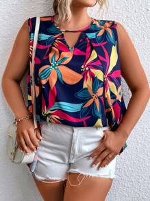 SHEIN LUNE Plus Floral Print Keyhole Neckline Blouse - Multicolor - View 3