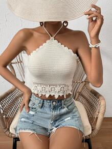 SHEIN VCAY Guipure Lace Trim Tie Backless Halter Knit Top - Apricot - View 1