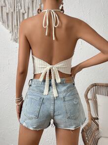 SHEIN VCAY Guipure Lace Trim Tie Backless Halter Knit Top - Apricot - View 2