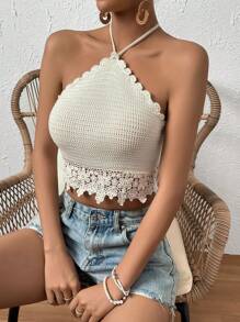 SHEIN VCAY Guipure Lace Trim Tie Backless Halter Knit Top - Apricot - View 3