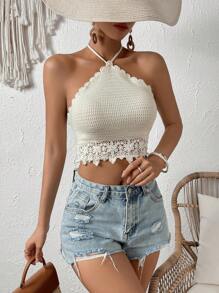 SHEIN VCAY Guipure Lace Trim Tie Backless Halter Knit Top - Apricot - View 4