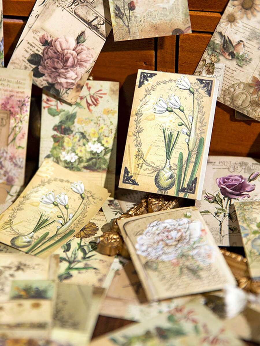 YANJI 60張/包花卉圖案材料紙復古多用途裝飾紙用於DIY工藝、剪貼簿、手帳 - 綠色 - 查看 1