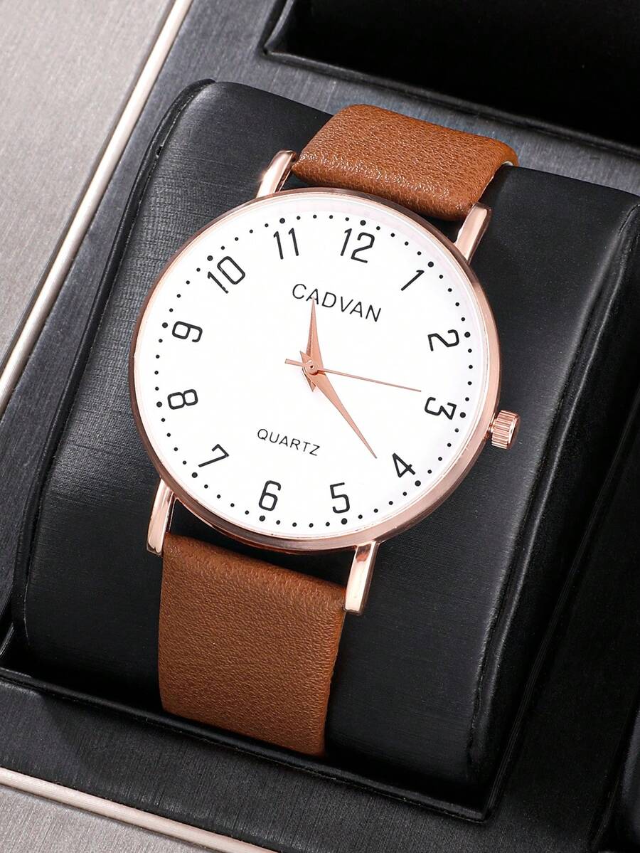 CADVAN 男士圓形指針石英手錶 - 棕色 - 查看 1