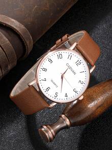 CADVAN 男士圓形指針石英手錶 - 棕色 - 查看 2