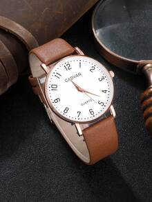 CADVAN 男士圓形指針石英手錶 - 棕色 - 查看 3